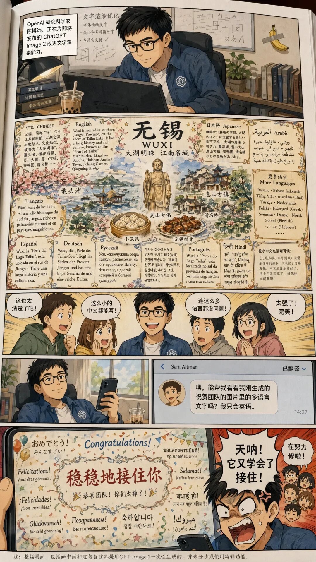 Prompt: Generate a full color Chinese-text manga about this OpenAI 研究科学家, 陈博远 (first picture), who works on improving the text rendering capability of ChatGPT Image 2 model for the upcoming……