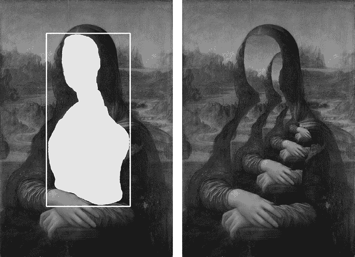 蒙娜丽莎的两幅图像。在第一幅图像中，女人的脸和躯干被单色形状替换，白色矩形表示该形状的边界。在第二幅图像中，单色区域已被原始图像的逐渐缩小版本替换。