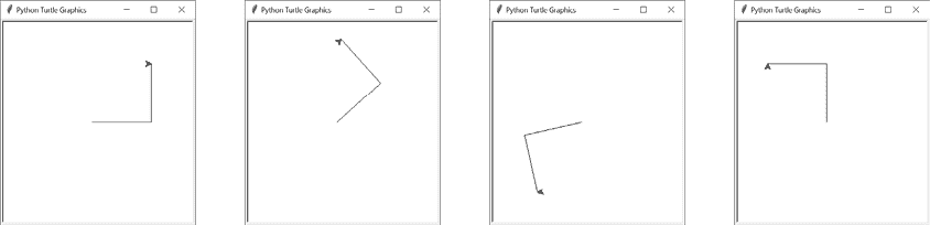 相同的两条垂直线的四个海龟图形截图，每次以不同的方式旋转。