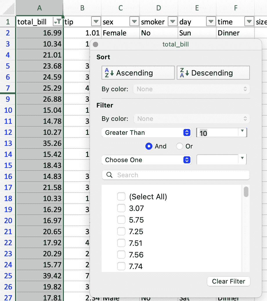 屏幕截图显示将 total_bill 列过滤为大于 10 的值