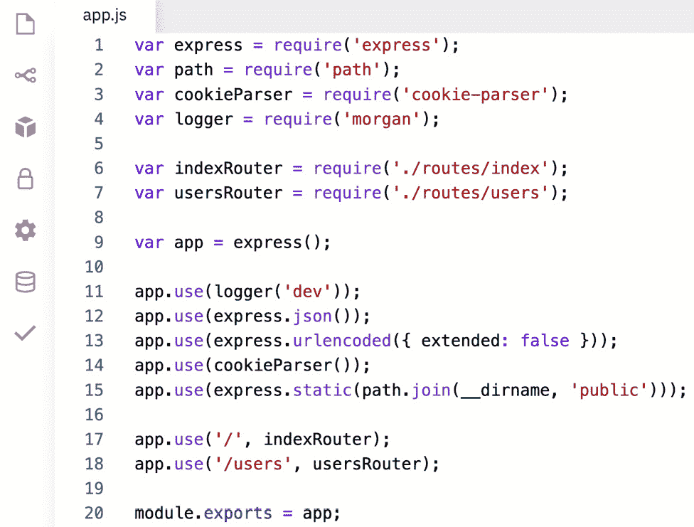 图 9.4 – 由 express-generator 创建的默认 app.js 文件