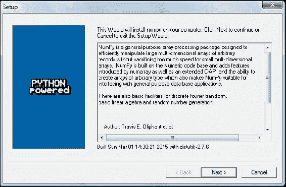 Time for action C installing NumPy, matplotlib, SciPy, and IPython on Windows