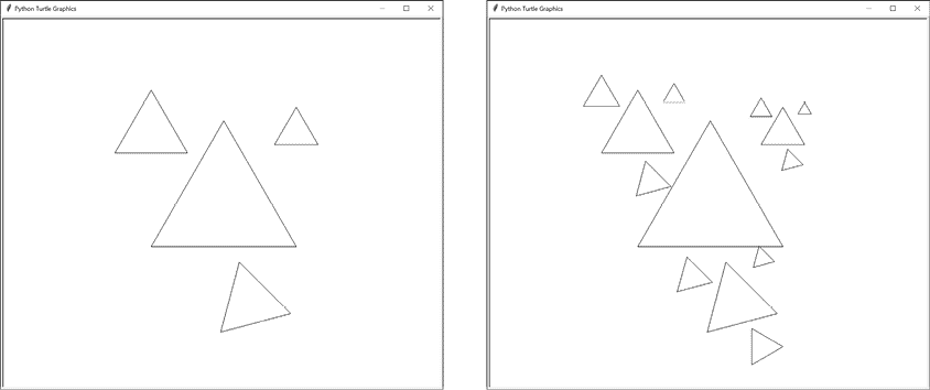 两个乌龟图形的截图。第一个显示与图 13-3 中相同的四个三角形。第二个显示围绕每个三角形的三个较小的三角形以相同的模式聚集。