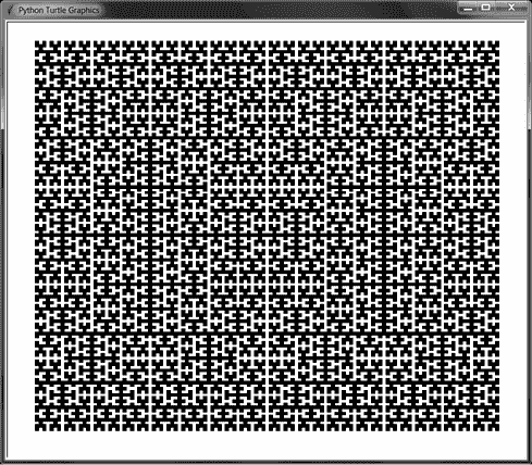 乌龟图形屏幕截图，这次黑白部分颠倒的希尔伯特曲线绘制。