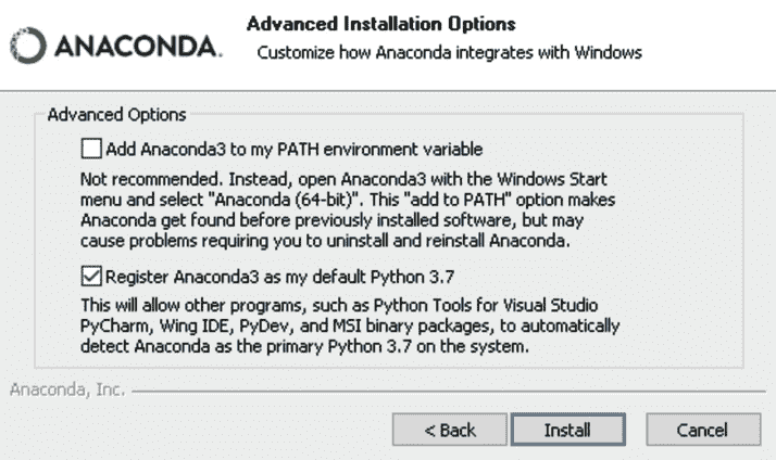图 2.5 – Windows 上的 Anaconda 安装程序高级选项