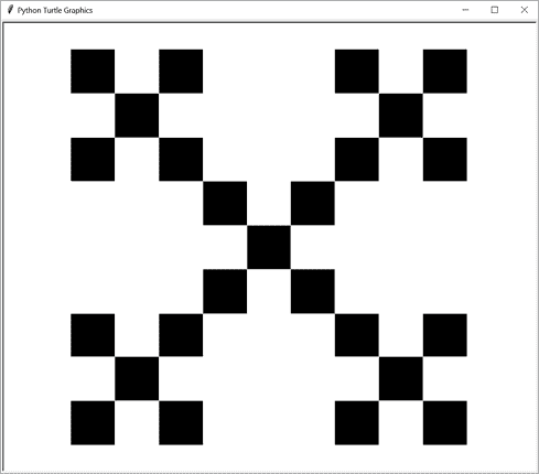 乌龟图形截图。显示 25 个黑色正方形排列成五个更大的正方形：每个角落一个正方形，中心一个正方形。这五个更大的正方形排列成一个更大的正方形。