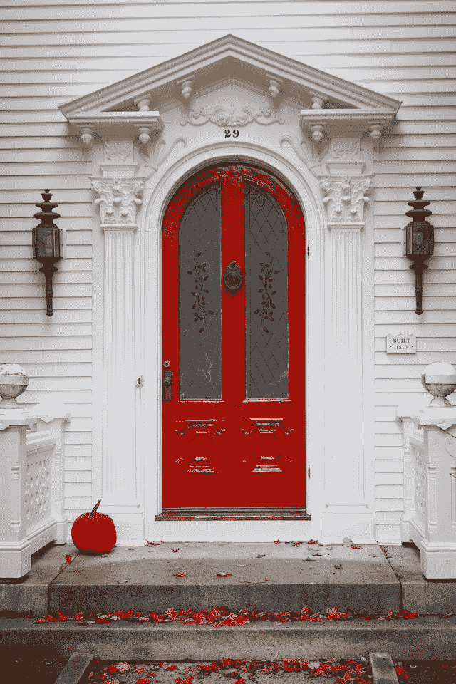 一扇红门上有一个南瓜的图片