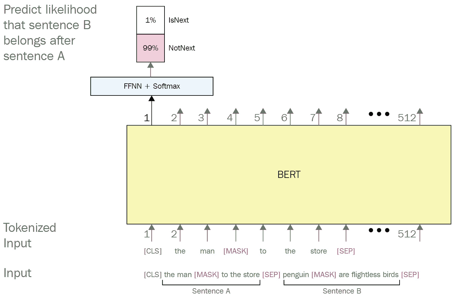 图 3.2 - 用于 NSP 任务的 BERT 示例