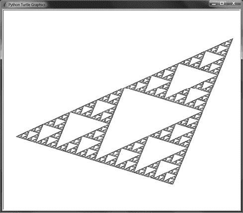 使用乌龟模块使用不规则三角形绘制的谢尔宾斯基三角形的屏幕截图。图像看起来像是从一个角度观看的等边谢尔宾斯基。