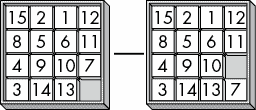 两个瓷砖拼图。除了一个瓷砖在第二个拼图中向下滑动之外，其余瓷砖的位置完全相同。