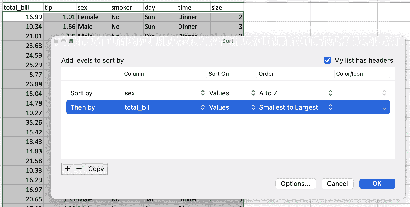 Excel 对话框截图，显示按性别然后 total_bill 列排序