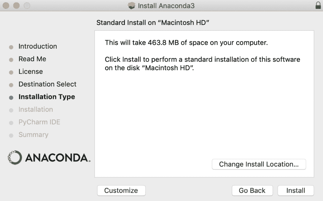 图 2.7 – macOS 上的 Anaconda 安装程序