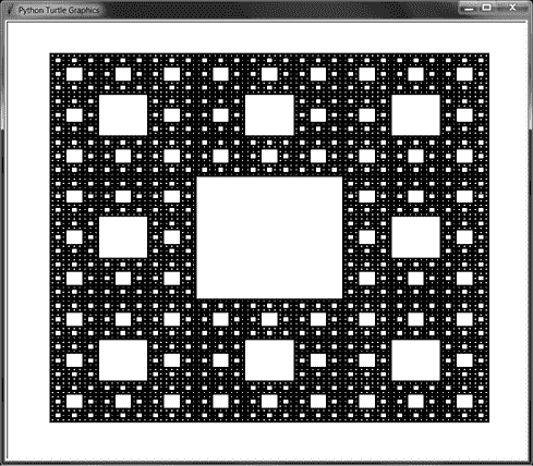 黑色矩形的屏幕截图，其中包含各种大小的白色矩形的图案。使用乌龟模块绘制。