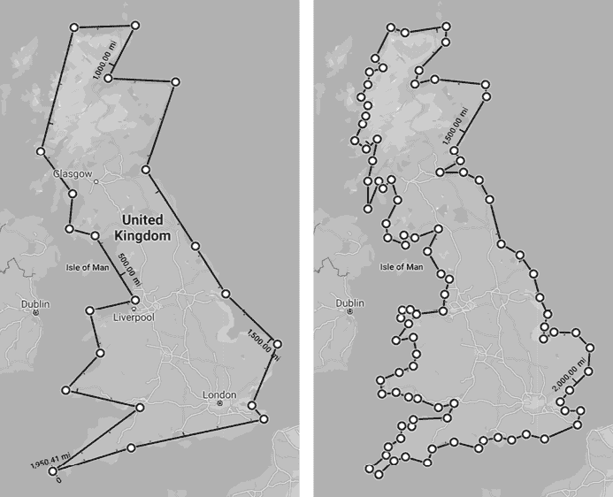 两张大不列颠地图的截图。第一张地图使用直线段来近似连接国家轮廓上的各个点。第二张地图增加了更多的点，增加了使用的线段数量。