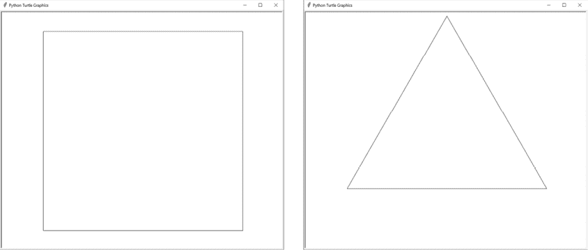 两个乌龟图形截图，一个显示正方形，另一个显示等边三角形的轮廓。