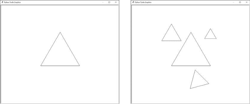 两个乌龟图形截图。第一个显示等边三角形的轮廓。第二个显示相同的三角形轮廓，以及另外三个较小的等边三角形：两个在第一个上方，第三个在下方并稍微向左旋转。