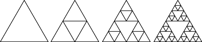 图形描述了四个等边三角形。第二个三角形中心有一个较小的三角形，将形状分成了四个较小的三角形。在第三个三角形中，每个外部的三角形都被分成了更小的三角形。第四个三角形显示了这些更小的三角形进一步分成了更小的三角形。