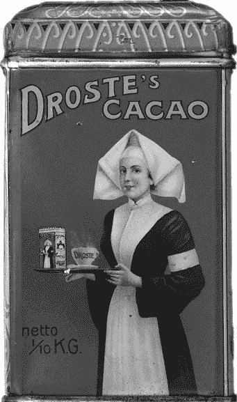 1904 年的 Droste 可可罐。罐子上的插图是一个护士拿着一个托盘，托盘上有一杯冒着热气的杯子和一个 Droste 可可罐。这个罐子上的递归插图是同一个护士拿着一个托盘，托盘上有一杯冒着热气的杯子和一个 Droste 可可罐。