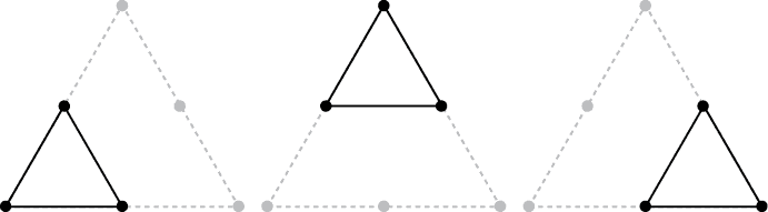 通过虚线三次绘制的等边三角形的图表。实线将每个较大三角形中的不同、较小的等边三角形隔离开来。这些较小的三角形每个都与较大三角形共享一个不同的顶点，并且边长是较大三角形的一半。