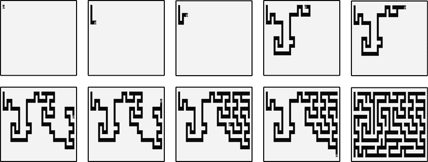 显示迷宫一行一行地创建的图表。每次遇到死胡同时，该行都会回溯。最终填满整个屏幕。