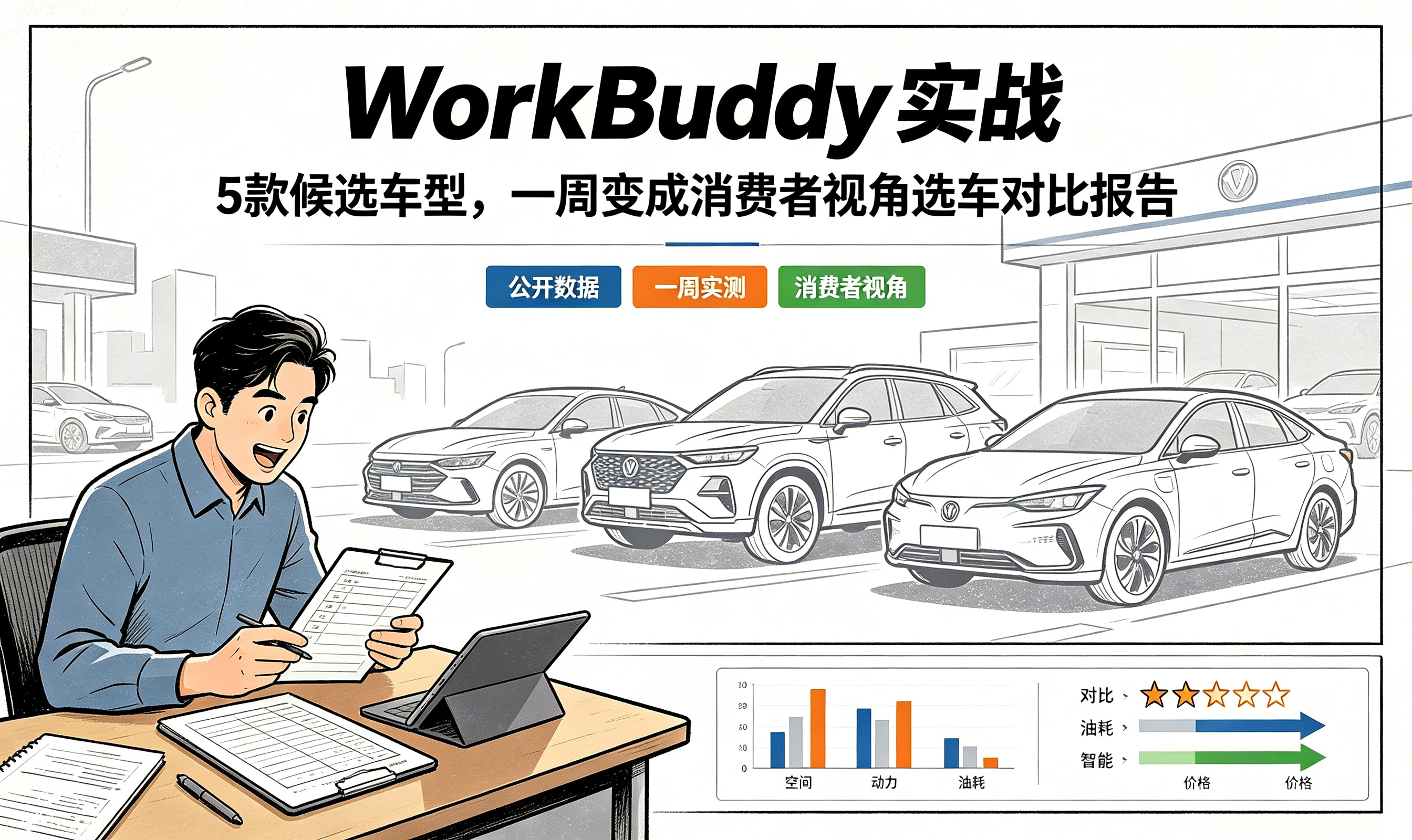 WorkBuddy 实战：5 款候选车型的公开数据，一周变成消费者视角的选车对比报告