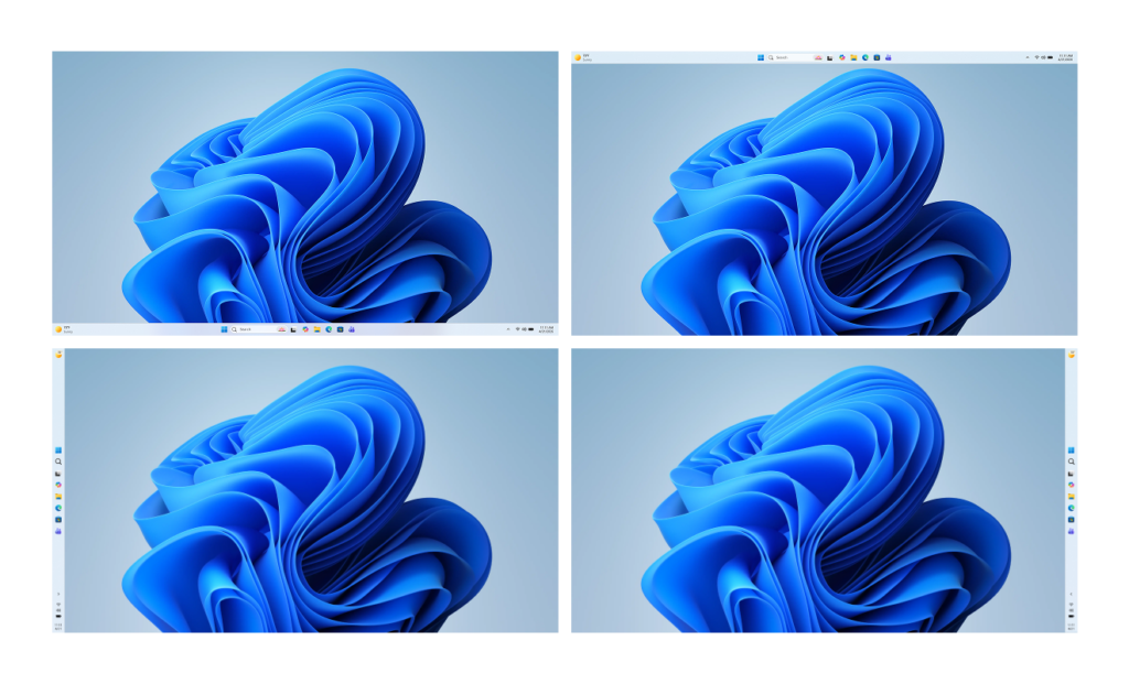 Windows 11 desktops with the taskbar positioned vertically on the bottom, top, left and right side of the screen.