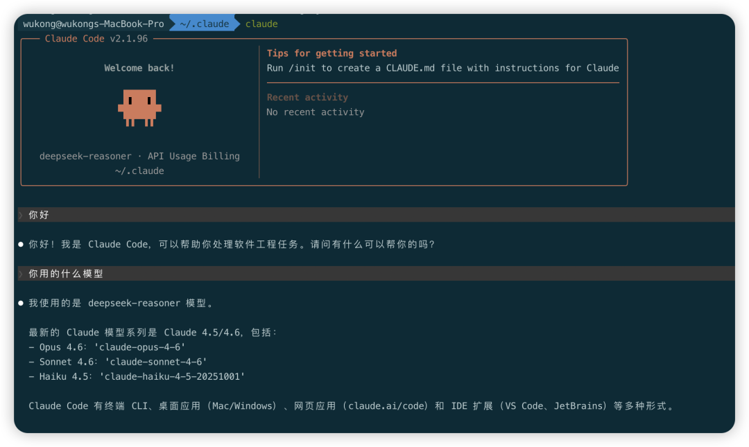 Claude Code 成功接入 DeepSeek 界面
