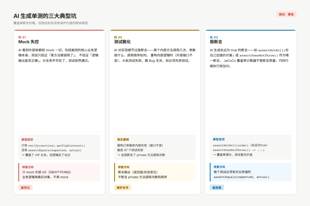 AI生成单测的三大典型坑：Mock失控、测试脆化、假断言