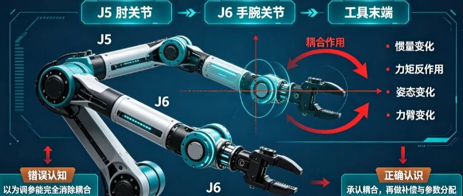 机械臂相连关节之间的耦合关系（末端J5-J6为例）