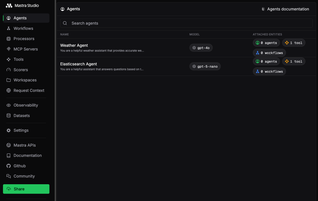 Mastra Studio中Elasticsearch Agent示例的截图。