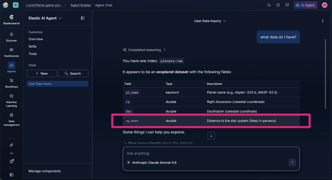 Screenshot of the Elastic AI Agent interface in dark mode, showing a user query “what data do I have?” and the system’s response describing an index named planets‑raw. The focus is on the sy_dist row. The left sidebar includes navigation options, such as Discover, Dashboards, Agents, Workflows, Machine Learning, and Data management.