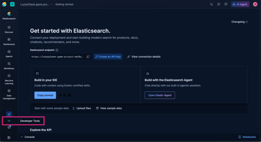 Screenshot of the “Getting started” page in Elasticsearch, showing connection setup options for deployments and API keys. The interface includes panels for building in an IDE or with the Elasticsearch Agent, sample data upload buttons, and a dark sidebar with navigation items. The focus is on