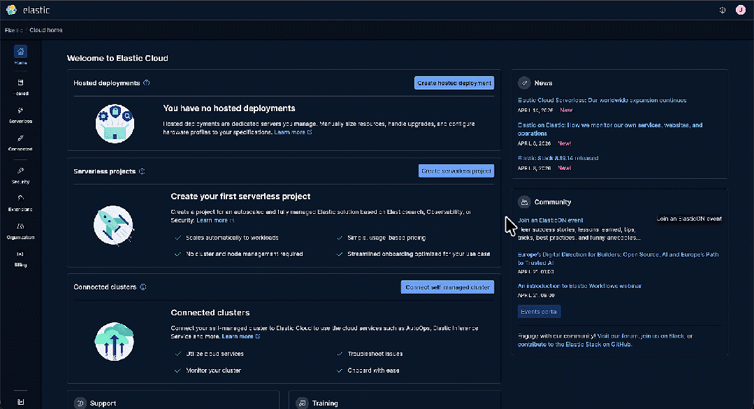 Animated tour of the Elastic Cloud home dashboard in dark mode. It follows steps from beginning a project, confirming project settings, launching the project, confirming that it's ready, and opening it.
