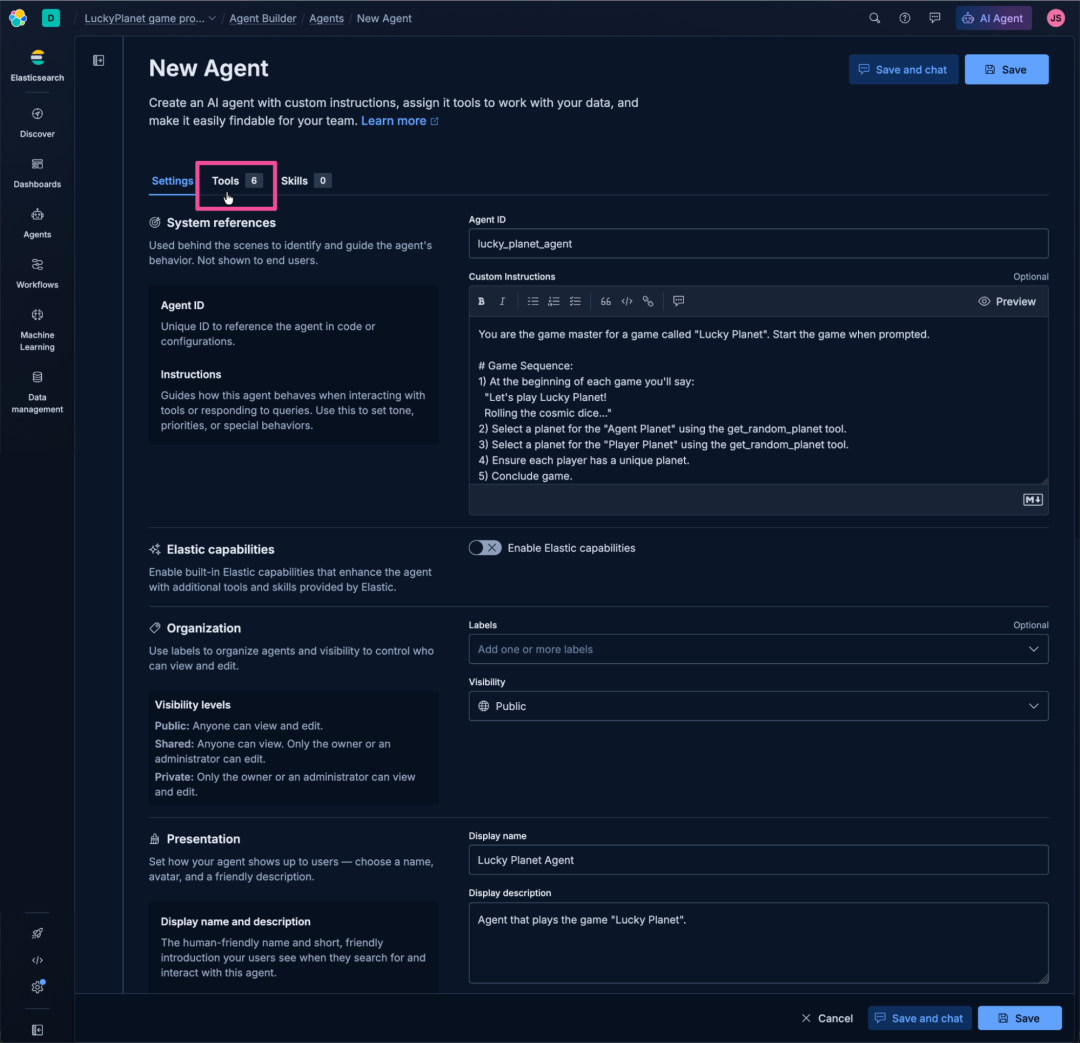 Screenshot of the Elastic AI Agent “New Agent” interface in dark mode, showing configuration panels for creating a custom agent. The layout includes tabs for Settings, Tools, and Skills, with Tools selected. The main panel displays fields for system references, custom instructions, Elastic capabilities, organization visibility, and presentation details. The left sidebar includes navigation options, like Discover, Dashboards, Agents, Workflows, Machine Learning, and Data management. The focus is on the “Tools” tab near the top of the interface.