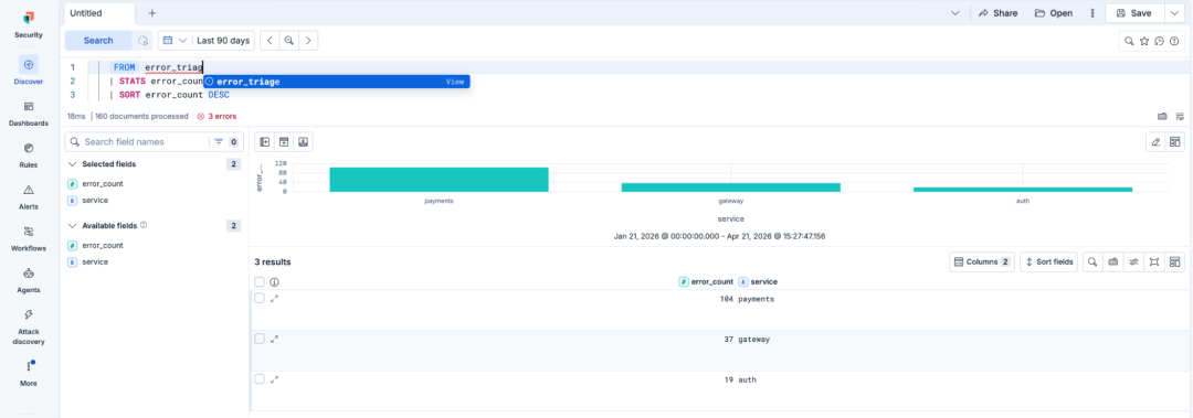 仪表盘界面，顶部显示查询编辑器，内容为“FROM error_triage | STATS error_count@error_triage | SORT error_count DESC”。柱状图显示三个服务的错误计数：payments、gateway 和 auth。图表下方，结果表格列出相同服务，错误计数分别为 payments 194、gateway 37、auth 19。