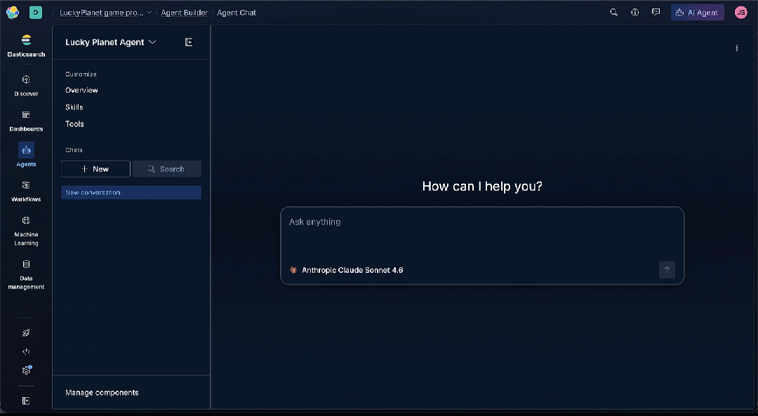 Animated tour of the Elastic AI Agent “Agent Chat” interface in dark mode, showing a workspace for interacting with a configured agent. The main panel displays a prompt area with the text “How can I help you?” and an input box labeled “Ask anything.” A footer note indicates the model “Anthropic Claude Sonnet 4.6.” The tour concludes with