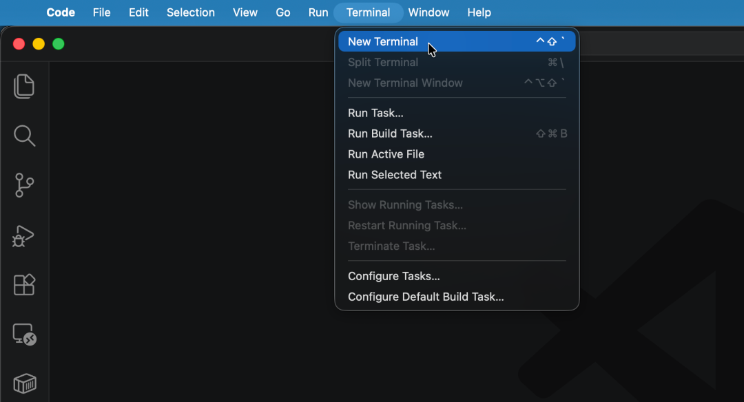 Screenshot of the Visual Studio Code interface in dark mode, showing the top menu bar with items Code, File, Edit, Selection, View, Go, Run, Terminal,  Window, and Help. The Terminal menu is open, displaying options for creating and running tasks. A cursor points to the highlighted