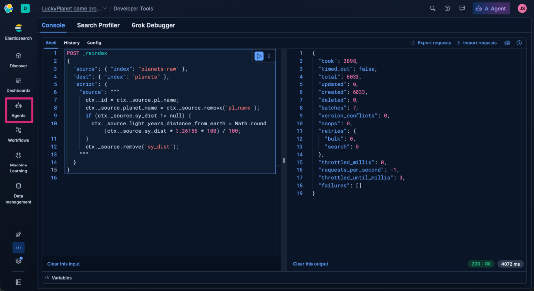 Screenshot of the Elasticsearch Developer Tools console, showing a reindexing script transferring data. The left panel contains the JSON script, and the right panel displays the operation’s output confirming 6,033 documents created with no errors. The focus is on the “Agents” icon in the left sidebar.