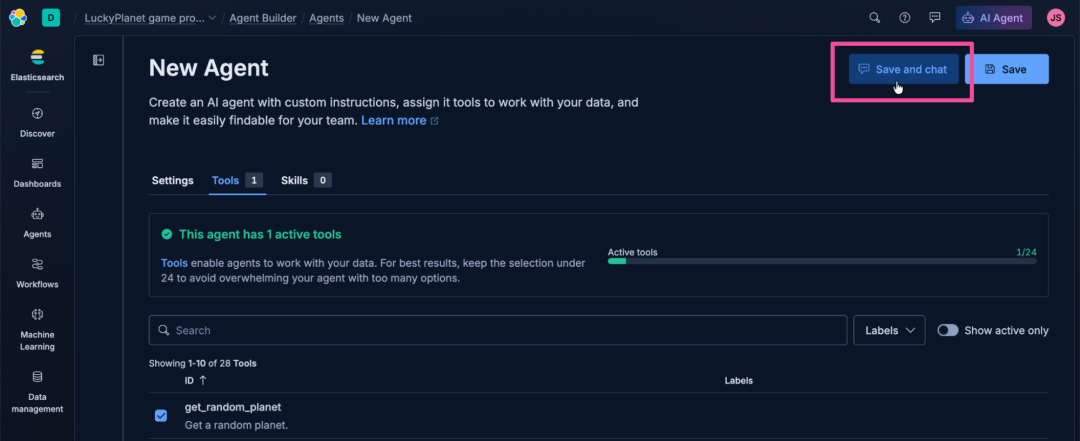 Screenshot of the Elastic AI Agent “New Agent” interface in dark mode, showing the Tools tab with one active tool selected. The layout includes a progress indicator and a table listing the tool entry. The left sidebar includes navigation options, like Discover, Dashboards, Agents, Workflows, Machine Learning, and Data management. The focus is on the “Save and chat” button at the top right of the interface.