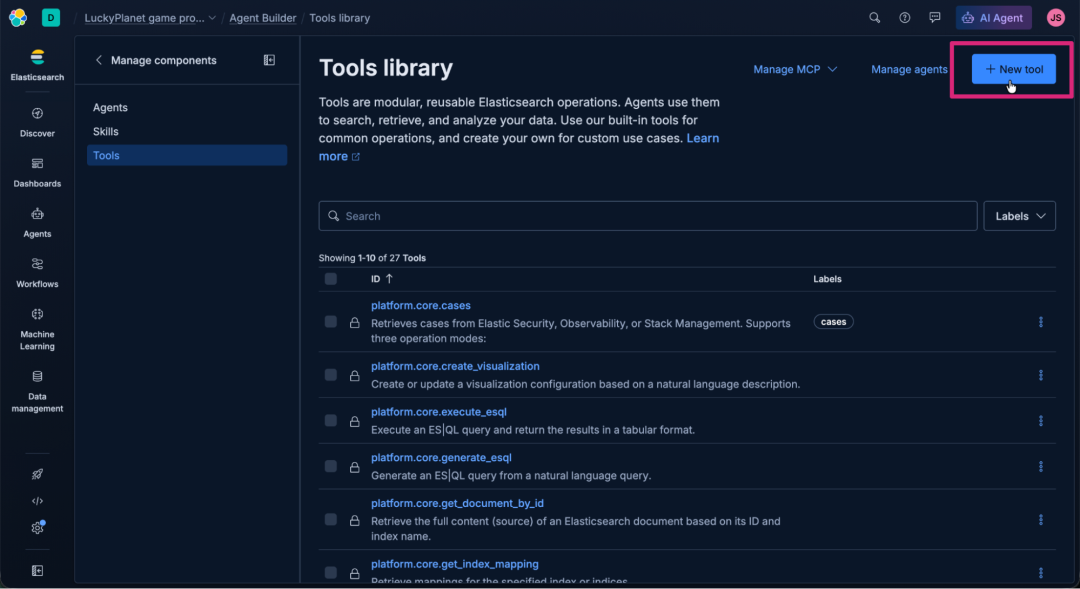 Screenshot of the Elastic AI Agent “Tools library” interface in dark mode, showing a list of modular Elasticsearch operations. The left sidebar includes navigation options, like Discover, Dashboards, Agents, Workflows, Machine Learning, and Data management. The focus is on the “+ New tool” button at the top right.