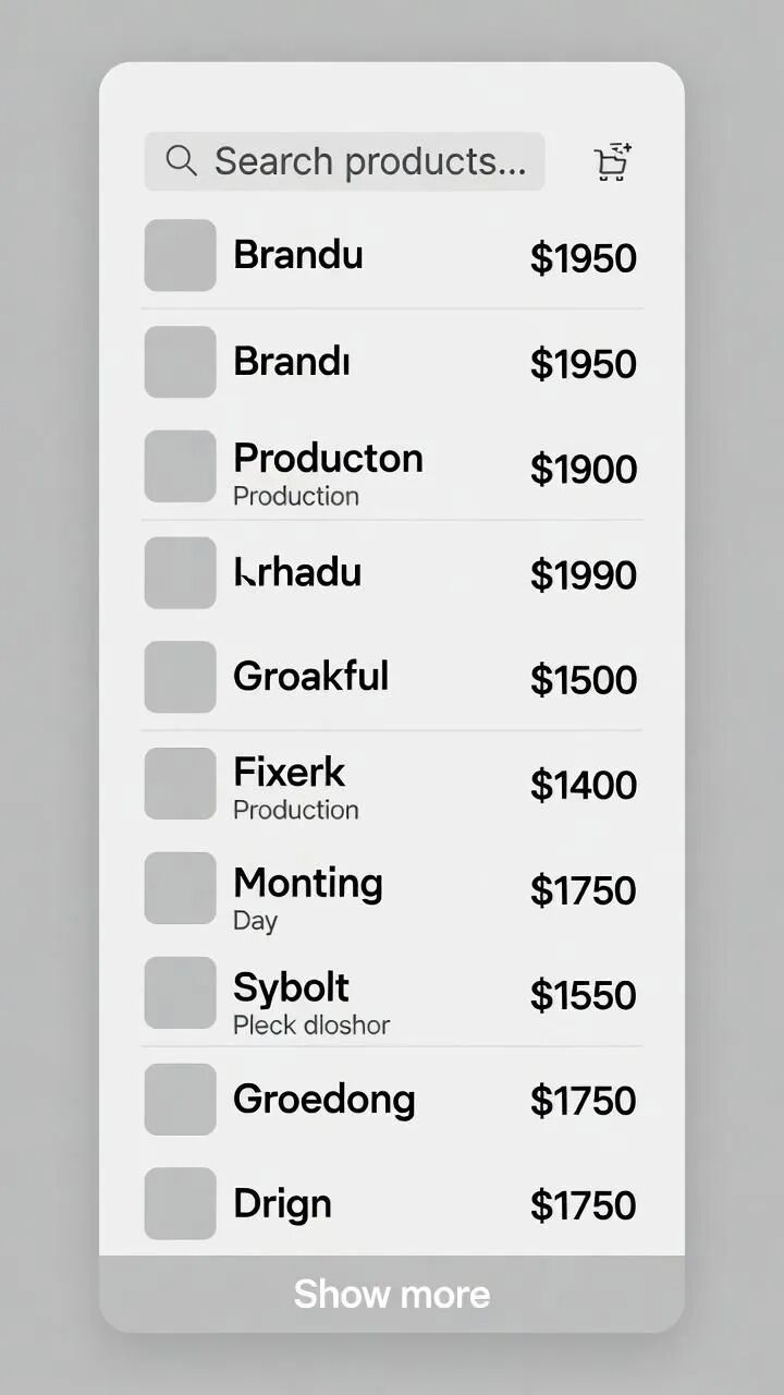 Vertical interface showing a product list with a search bar labeled “Search products…” and a cart icon. Each entry includes a square placeholder, product name, optional category text, and price. Items listed include prices from $1400 to $1990. A “Show more” button appears at the bottom.
