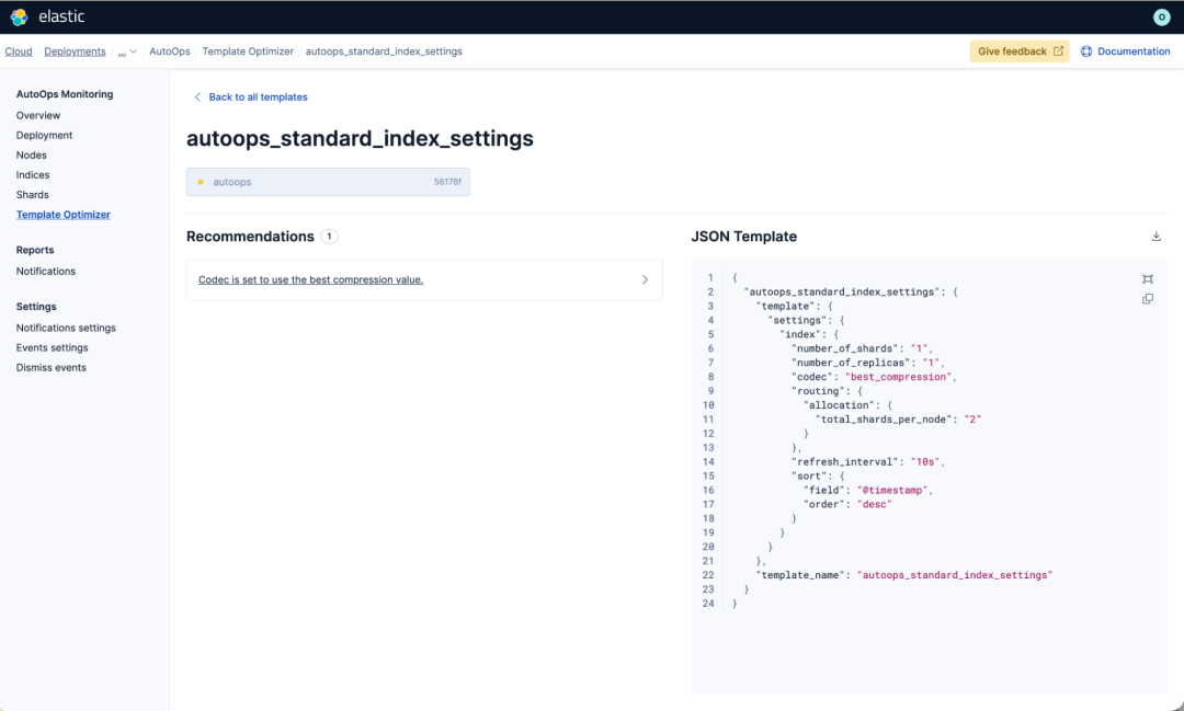 AutoOps Template Optimizer showing a codec compression recommendation alongside the full JSON template configuration for autoops_standard_index_settings