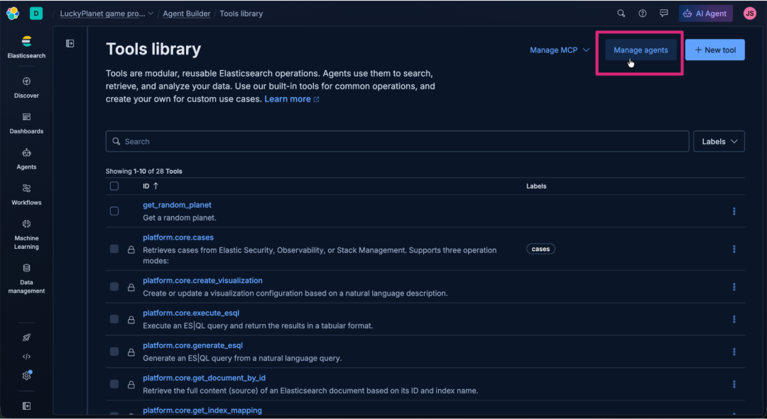 Screenshot of the Elastic AI Agent “Tools library” interface in dark mode, showing a list of modular Elasticsearch operations. The left sidebar includes navigation options, like Discover, Dashboards, Agents, Workflows, Machine Learning, and Data management. The focus is on the “Manage agents” button at the top right of the interface.