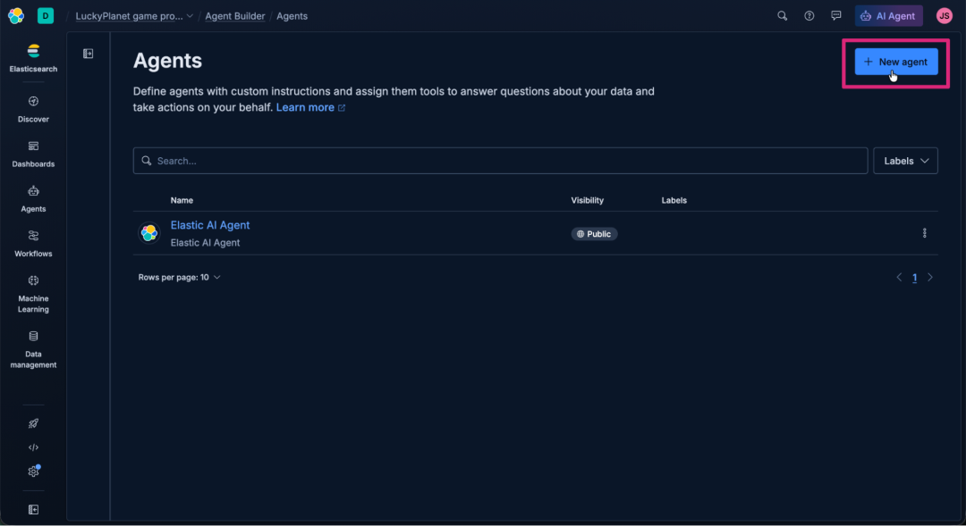 Screenshot of the Elastic AI Agent “Agents” interface in dark mode, showing a table listing existing agents with columns for Name, Visibility, and Labels. The left sidebar includes navigation options, like Discover, Dashboards, Agents, Workflows, Machine Learning, and Data management. The focus is on the “+ New agent” button at the top right of the interface.