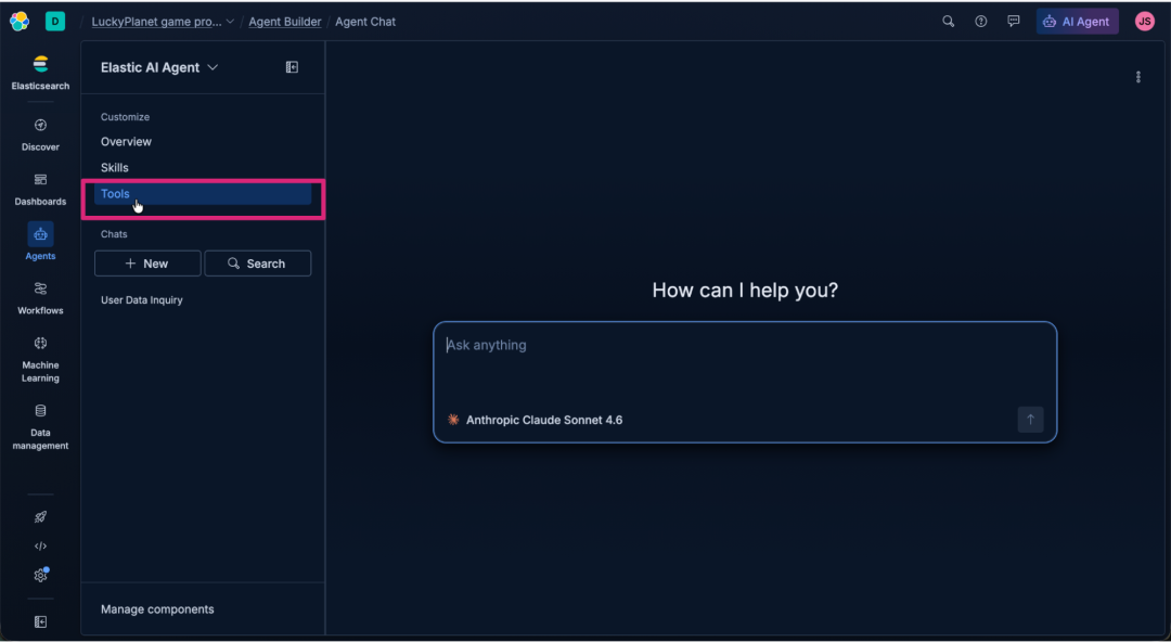 Screenshot of the Elastic AI Agent interface in dark mode, showing the left sidebar with navigation options, such as Discover, Dashboards, Agents, Workflows, Machine Learning, and Data management. Under the Elastic AI Agent section, menu items include Customize, Overview, Skills, Tools, Chats, and User Data Inquiry. The focus is on the “Tools” option. The main workspace displays a chat panel with the prompt “How can I help you?” and the input “Ask anything.”