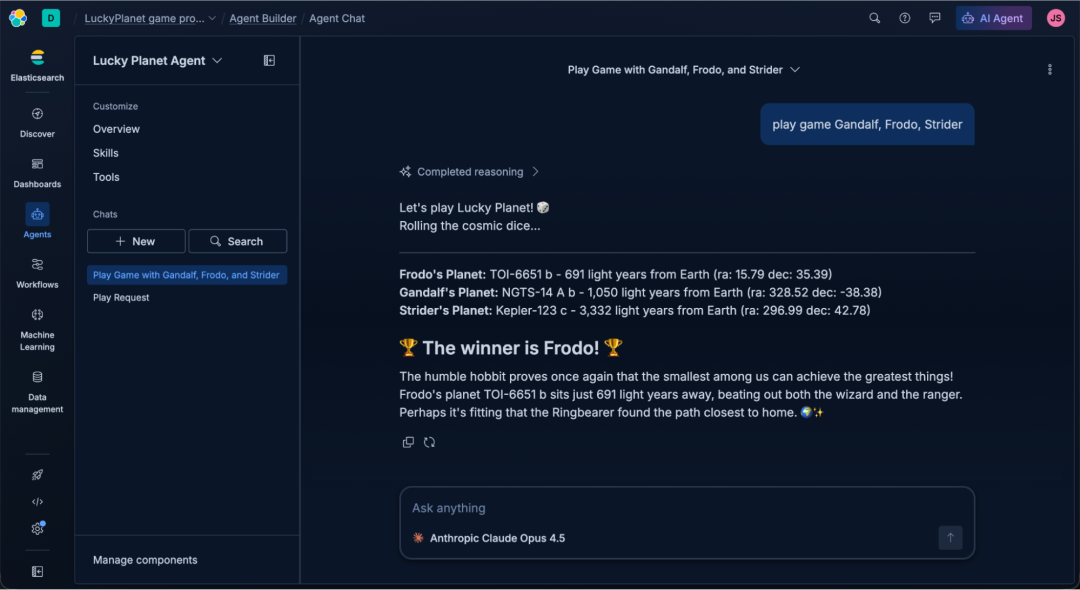 Screenshot of the Elastic AI Agent “Agent Chat” interface in dark mode, showing a conversation where the user plays a game with Gandalf, Frodo, and Strider. The chat displays the agent’s completed reasoning, listing each character’s assigned planet with distances from Earth and coordinates. The message announces Frodo as the winner and includes a short narrative celebrating his victory.