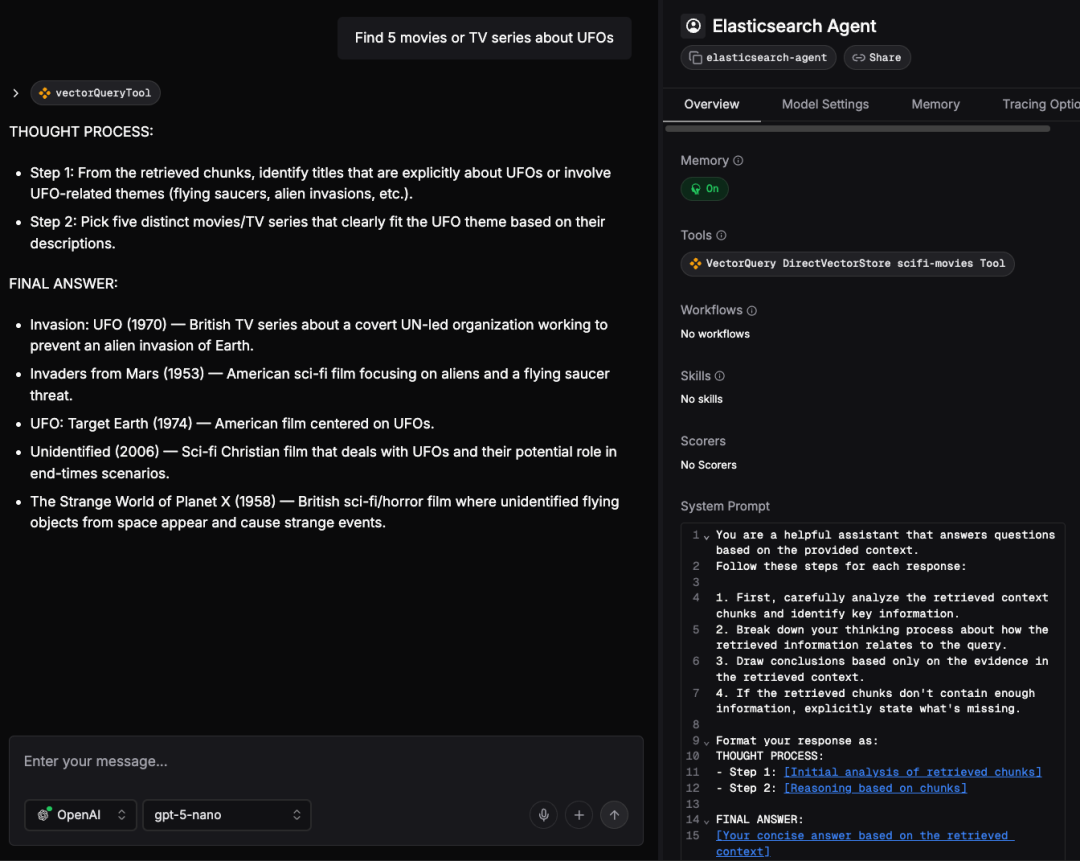 使用Elasticsearch Agent从LLM获得的响应。