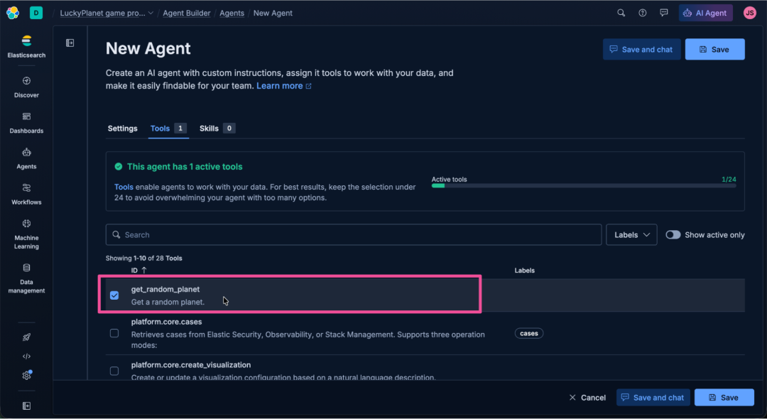 Screenshot of the Elastic AI Agent “New Agent” interface in dark mode, showing the Tools tab with a list of available Elasticsearch operations. The layout includes a highlighted message indicating one active tool and a progress indicator. The left sidebar includes navigation options, like Discover, Dashboards, Agents, Workflows, Machine Learning, and Data management. The focus is on the selected tool entry in the list