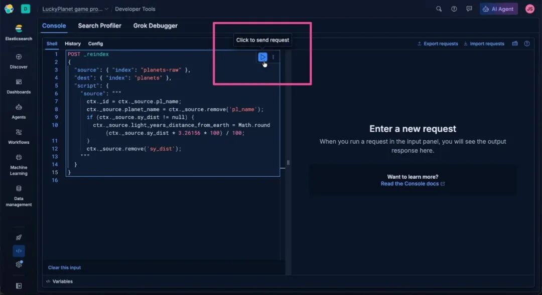 Screenshot of the Elasticsearch Developer Tools console, showing a JSON script for reindexing data. The left panel contains the code editor, and the right panel displays a message area for responses. The focus is on the “Click to send request” button used to execute the script.