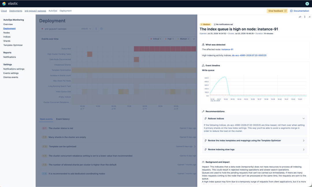 AutoOps Deployment view showing an open High severity event flyout for a high index queue on an Elasticsearch node, with recommendations and event timeline